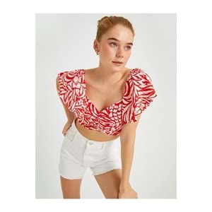 Kadın Giyim Bluz Desen Bluz Bağlama Detaylı Gömlek Yaka 2SAK60267PW Kırmızı Desen