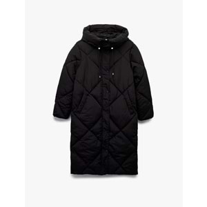 Kadın Giyim Kapüşonlu Fermuarlı Uzun Kollu Su İtici Ekstra Uzun Kapitone Oversize Şişme Anorak Mont - KOTON - 6WAK00011EW - SİYAH - 34