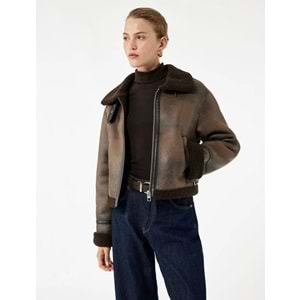 Kadın Giyim Suni Kürk Yaka Fermuarlı Deri Görünümlü Biker Mont - KOTON - 6WAK20064EW - KAHVERENGİ - 40