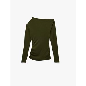 Kadın Giyim Slim Fit Drapeli Asimetrik Yaka Uzun Kollu Tişört - KOTON - 6WAK50336EK - HAKİ - S