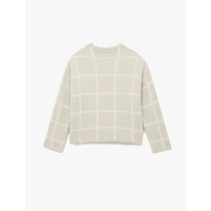 Kadın Giyim Uzun Kollu Dik Yaka Kareli Triko Peluş Kazak - KOTON - 6WAK90073HT - EKRU EKOSE - M