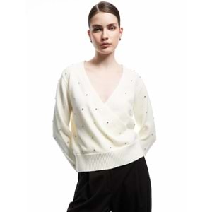 Kadın Giyim Uzun Kollu Kruvaze V Yaka Taşlı Triko Kazak - KOTON - 6WAK90082HT - EKRU - M