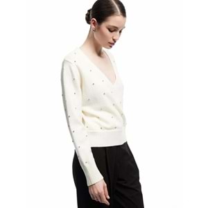 Kadın Giyim Uzun Kollu Kruvaze V Yaka Taşlı Triko Kazak - KOTON - 6WAK90082HT - EKRU - XL