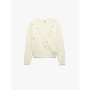 Kadın Giyim Uzun Kollu Kruvaze V Yaka Taşlı Triko Kazak - KOTON - 6WAK90082HT - EKRU - XL