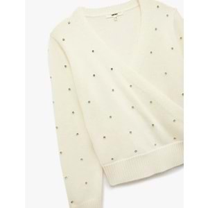 Kadın Giyim Uzun Kollu Kruvaze V Yaka Taşlı Triko Kazak - KOTON - 6WAK90082HT - EKRU - XL