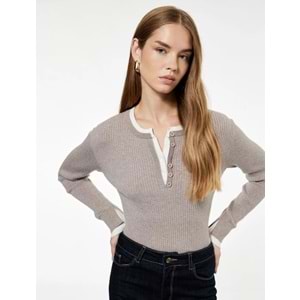 Kadın Giyim Düğmeli Uzun Kollu Bisiklet Yaka Triko Kazak - KOTON - 6WAK90404HT - VİZON - M