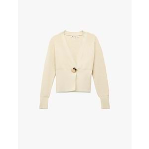 Kadın Giyim Uzun Kollu V Yaka Aksesuar Düğme Detaylı Triko Hırka - KOTON - 6WAK90475HT - EKRU - L