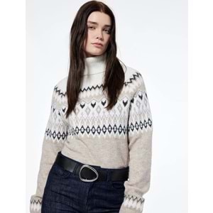 Kadın Giyim Uzun Kollu Balıkçı Yaka Desenli Örgü Kazak - KOTON - 6WAK90503HT - BEJ DESENLİ - S