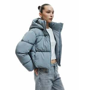 Kadın Giyim Cep Detaylı Fermuarlı Kapitone Su İtici Şişme Mont - KOTON - 6WAL20023IW - GRİ - 42