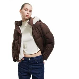 Kadın Giyim İçi Peluş Çıtçıt Düğmeli Cepli Şişme Mont - KOTON - 6WAL20054IW - KAHVERENGİ - 38