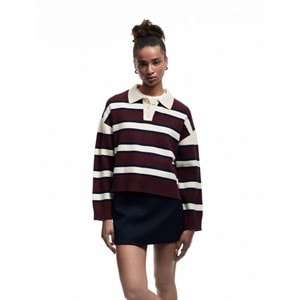Kadın Giyim Polo Yaka Çizgili Triko Kazak - KOTON - 6WAL90014HT - BORDO - L