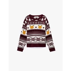 Kadın Giyim Jakarlı Triko Yılbaşı Kazağı - KOTON - 6WAL90027IT - BORDO DESENLİ - M