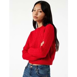 Kadın Giyim Saç Örgüsü Detaylı Triko Kazak - KOTON - 6WAL90039HT - KIRMIZI - XS