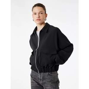 Kadın Giyim Uzun Kollu Cepli Fermuarlı Gabardin Crop Bomber Ceket - KOTON - 6SAK20040EW - SİYAH - 34