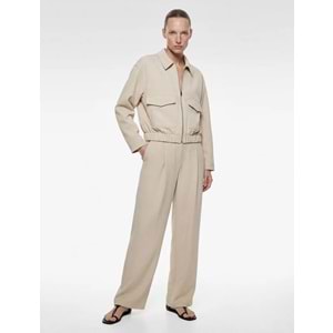 Kadın Giyim Uzun Kollu Cepli Fermuarlı Gabardin Crop Bomber Ceket - KOTON - 6SAK20040EW - EKRU - 40