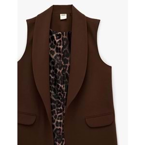 Kadın Giyim Astarı Leopar Desenli Cepli Uzun Blazer Yelek - KOTON - 6SAK20050UW - KAHVERENGİ - 36