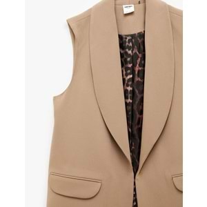 Kadın Giyim Astarı Leopar Desenli Cepli Uzun Blazer Yelek - KOTON - 6SAK20050UW - VİZON - 36