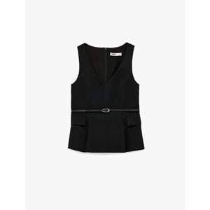 Kadın Giyim Cep Detaylı Kemerli Kolsuz V Yaka Bluz - KOTON - 6SAK30003UW - SİYAH - 38