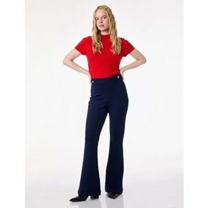 Kadın Giyim Dar Kalıp Aksesuar Düğme Detaylı İspanyol Paça Kumaş Pantolon - KOTON - 6SAK40012UK - LACİVERT ÇİZGİLİ - M