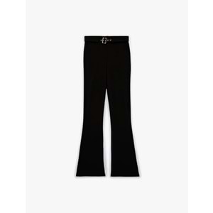 Kadın Giyim Slim Fit Kemerli Yüksek Bel İspanyol Paça Fitilli Kumaş Pantolon - KOTON - 6SAK40089EK - SİYAH - S