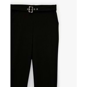 Kadın Giyim Slim Fit Kemerli Yüksek Bel İspanyol Paça Fitilli Kumaş Pantolon - KOTON - 6SAK40089EK - SİYAH - S