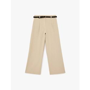 Kadın Giyim Keten Görünümlü Cepli Kemerli Geniş Paça Pantolon - KOTON - 6SAK40107PW - VİZON - 42