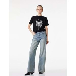 Kadın Giyim Pamuklu Kısa Kollu Bisiklet Yaka Fiyonk Baskılı Tişört - KOTON - 6SAK50029EK - SİYAH - S