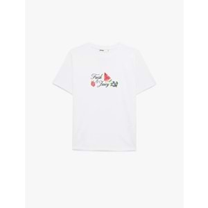 Kadın Giyim Pamuklu Kısa Kollu Bisiklet Yaka Karpuz ve Çilek Baskılı Tişört - KOTON - 6SAK50038EK - BEYAZ - XXL