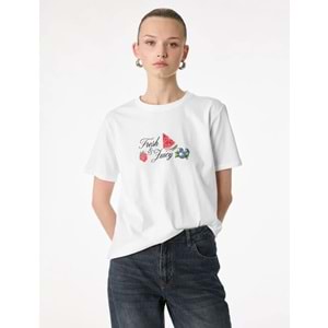 Kadın Giyim Pamuklu Kısa Kollu Bisiklet Yaka Karpuz ve Çilek Baskılı Tişört - KOTON - 6SAK50038EK - BEYAZ - XXL