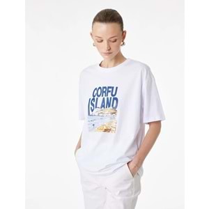 Kadın Giyim Pamuklu Kısa Kollu Baskılı Bisiklet Yaka Baskılı Tişört - KOTON - 6SAK50049EK - BEYAZ - S