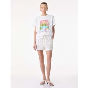 Kadın Giyim Pamuklu Kısa Kollu Bisiklet Yaka Amalfi Baskılı Tişört - KOTON - 6SAK50051EK - BEYAZ - M