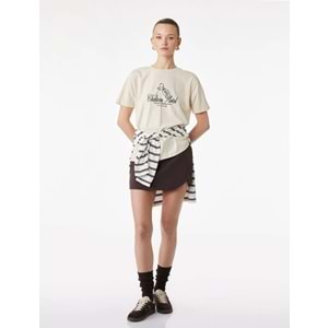Kadın Giyim Pamuklu Kısa Kollu Bisiklet Yaka Baskılı Tişört - KOTON - 6SAK50052EK - BEJ - S