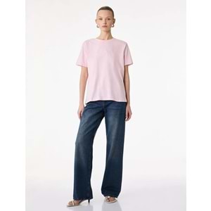 Kadın Giyim Pamuklu Bisiklet Yaka İşleme Detaylı Kısa Kollu Tişört - KOTON - 6SAK50057EK - PEMBE - S