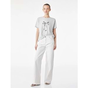 Kadın Giyim Kısa Kollu Bisiklet Yaka Taşlı Fiyonk Baskılı Tişört - KOTON - 6SAK50058EK - GRİ MELANJ - L