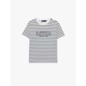 Kadın Giyim Pamuklu Kısa Kollu Bisiklet Yaka Baskılı Taşlı Çizgili Tişört - KOTON - 6SAK50071EK - SİYAH ÇİZGİLİ - S