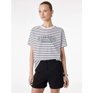 Kadın Giyim Pamuklu Kısa Kollu Bisiklet Yaka Baskılı Taşlı Çizgili Tişört - KOTON - 6SAK50071EK - SİYAH ÇİZGİLİ - S