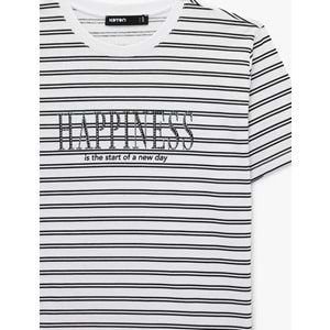 Kadın Giyim Pamuklu Kısa Kollu Bisiklet Yaka Baskılı Taşlı Çizgili Tişört - KOTON - 6SAK50071EK - SİYAH ÇİZGİLİ - S