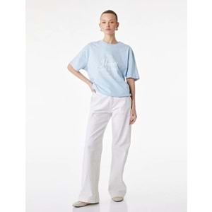 Kadın Giyim Kısa Kollu Bisiklet Yaka Baskılı Oversize Tişört - KOTON - 6SAK50083EK - MAVİ - S