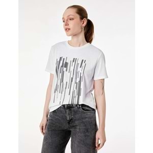 Kadın Giyim Kısa Kollu Bisiklet Yaka Baskılı Tişört - KOTON - 6SAK50126EK - BEYAZ - S