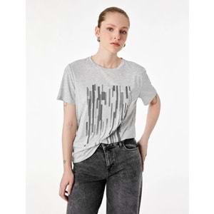 Kadın Giyim Kısa Kollu Bisiklet Yaka Baskılı Tişört - KOTON - 6SAK50126EK - GRİ MELANJ - S
