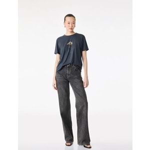 Kadın Giyim Kısa Kollu Bisiklet Yaka Taşlı Deniz Anası Grafik Baskılı Tişört - KOTON - 6SAK50132EK - ANTRASİT - L