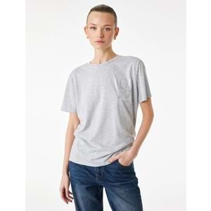 Kadın Giyim Kısa Kollu Bisiklet Yaka Baskı Detaylı Tişört - KOTON - 6SAK50137EK - GRİ MELANJ - S