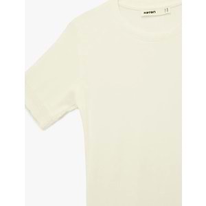 Kadın Giyim Viskon Kumaş Slim Fit Kısa Kollu Bisiklet Yaka Tişört - KOTON - 6SAK50186EK - EKRU - L