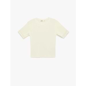 Kadın Giyim Viskon Kumaş Slim Fit Kısa Kollu Bisiklet Yaka Tişört - KOTON - 6SAK50186EK - EKRU - L