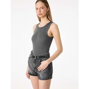 Kadın Giyim Çıtçıt Düğme Detaylı Kolsuz Bisiklet Yaka Bodysuit - KOTON - 6SAL30148IK - ANTRASİT - XS