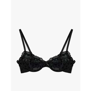 Kadın İç Giyim Fırfır Detaylı Rahat Kalıp Balenli Dolgusuz Sütyen - KOTON - 6WLK10104MK- SİYAH - 80B