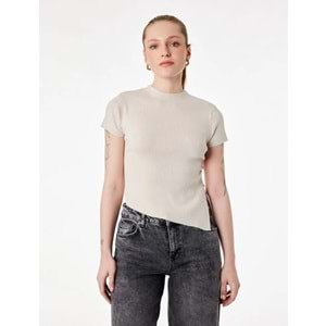Kadın Giyim Asimetrik Kesim Kısa Kollu Bisiklet Yaka Büzgülü Triko Tişört - KOTON - 6WAK90617HT - BEJ - L