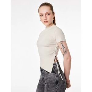 Kadın Giyim Asimetrik Kesim Kısa Kollu Bisiklet Yaka Büzgülü Triko Tişört - KOTON - 6WAK90617HT - BEJ - L