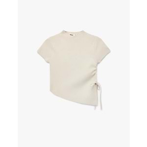 Kadın Giyim Asimetrik Kesim Kısa Kollu Bisiklet Yaka Büzgülü Triko Tişört - KOTON - 6WAK90617HT - BEJ - L