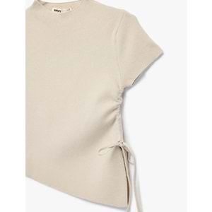 Kadın Giyim Asimetrik Kesim Kısa Kollu Bisiklet Yaka Büzgülü Triko Tişört - KOTON - 6WAK90617HT - BEJ - L